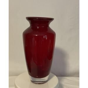 Heavy Red Hand Blown 9.5 Inches Tall Vase With Thick Clear Bottom